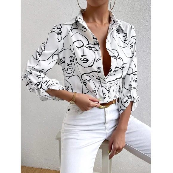 Abstract Face Print White Button Up Down Shirt Chest Pocket Long Sleeve - Picture 4 of 8